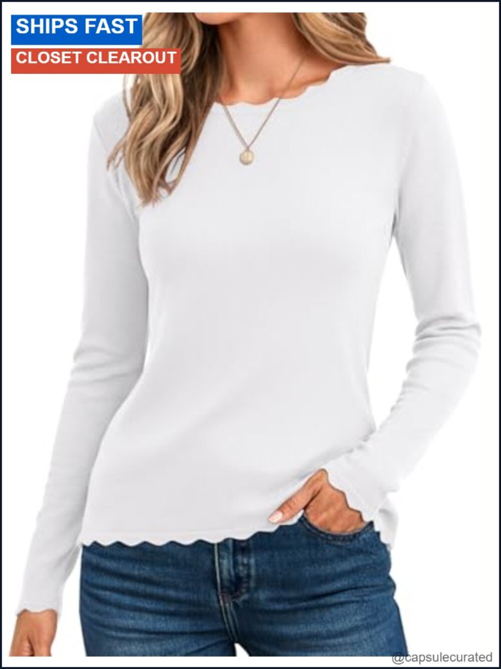 Long Sleeve Scalloped Trim Sweater Pullover Business Casual Knit Top